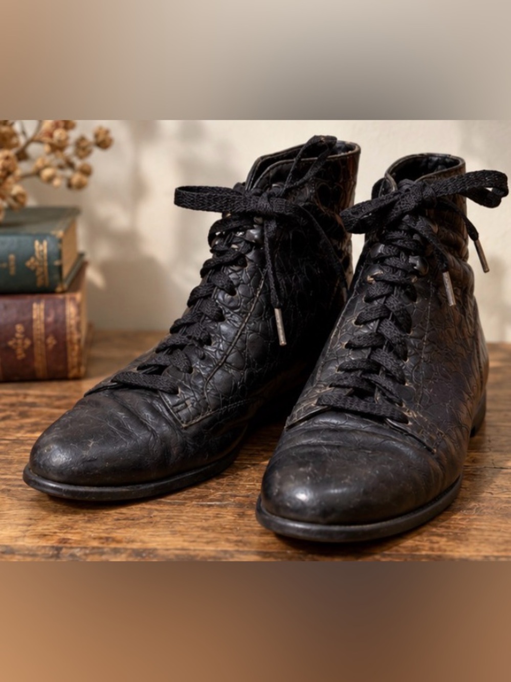 Vintage Dark Academia Black Lace-Up Ankle Boots